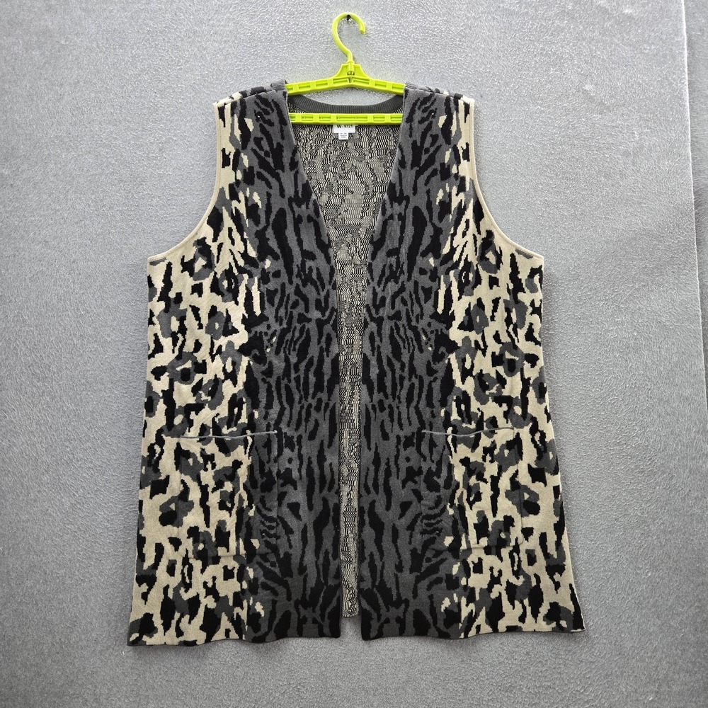 Susan Graver Women Sweater 2X Gray Cardigan Animal Print Sleeveless Mob Wife